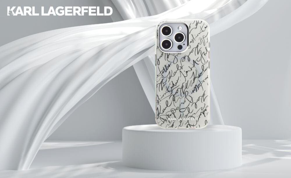 Karl Lagerfeld IML Karl Script Pattern MagSafe etui białe iPhone 16 Pro 6.3 cala z podpisem Karla i MagSafe