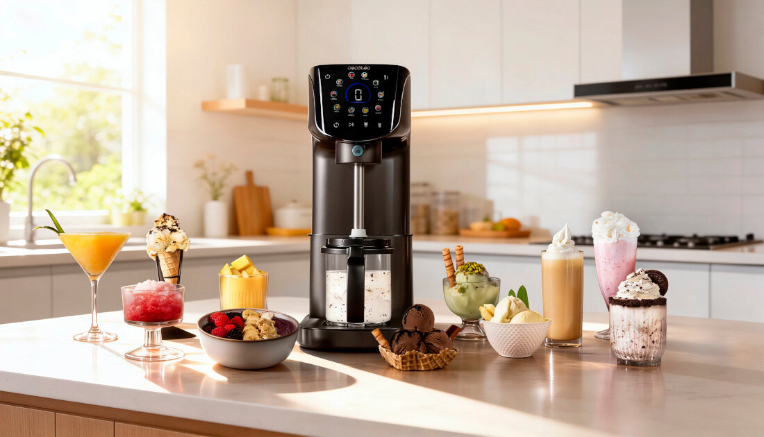Maszynka do lodów CECOTEC Gelatec 2100 zdjęcie lifestyle Kremowa konsystencja Technologia CreamOn Funkcja Re-spin 