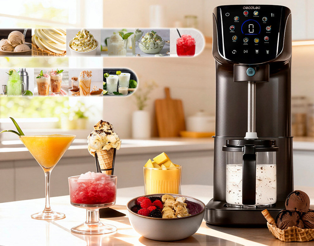 Maszynka do lodów CECOTEC Gelatec 2100 zdjęcie lifestyle 6 programów do lodów lody klasyczne, sorbet, lekkie lody, gelato, mrożony jogurt oraz lód kruszony