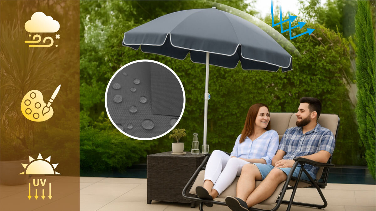 Parasol plażowo-ogrodowy BLACK FOREST L-0707 160 cm Szary, cień, schronienie, słońce, komfort, para siedzi w ogrodzie, obok parasolka i logotypy zalet parasola