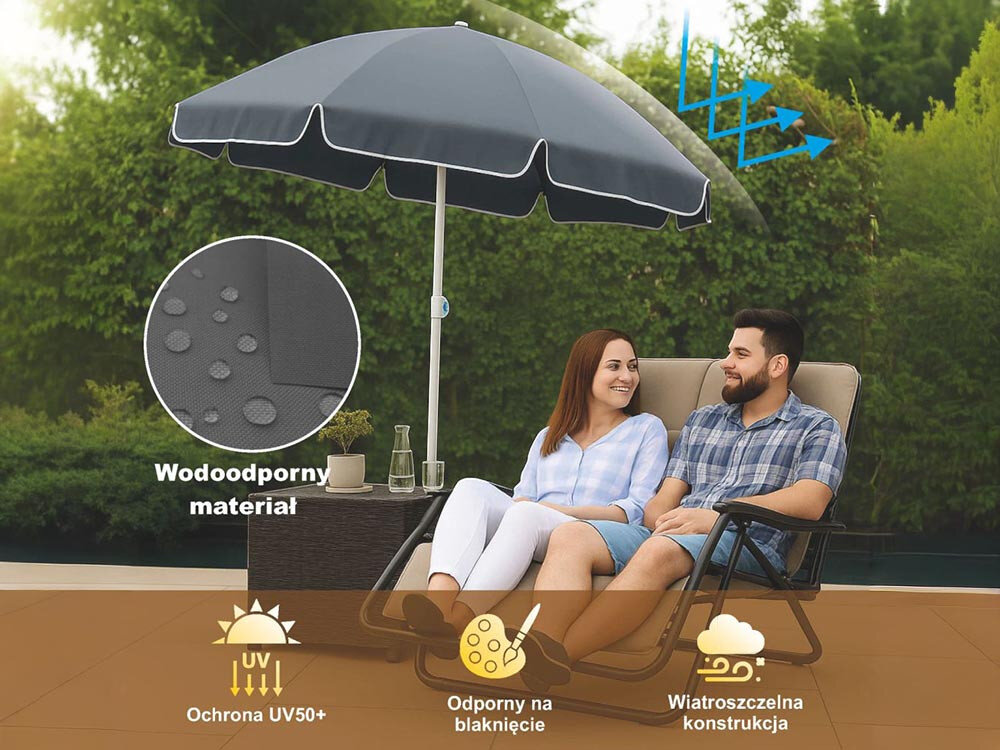 Parasol plażowo-ogrodowy BLACK FOREST L-0707 160 cm Szary, cień, schronienie, słońce, komfort, para siedzi w ogrodzie, obok parasolka i logotypy zalet parasola