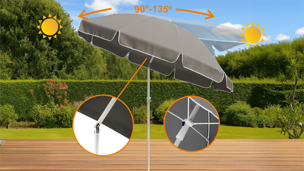Parasol plażowo-ogrodowy BLACK FOREST L-0707 160 cm Szary, kąt, nachylenie, kontrolowanie, cień, w tle ogród, wizualizacja ustawienia kąta nachylenia parasola