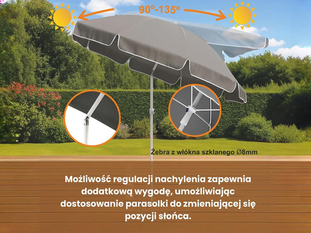 Parasol plażowo-ogrodowy BLACK FOREST L-0707 160 cm Szary, kąt, nachylenie, kontrolowanie, cień, w tle ogród, wizualizacja ustawienia kąta nachylenia parasola