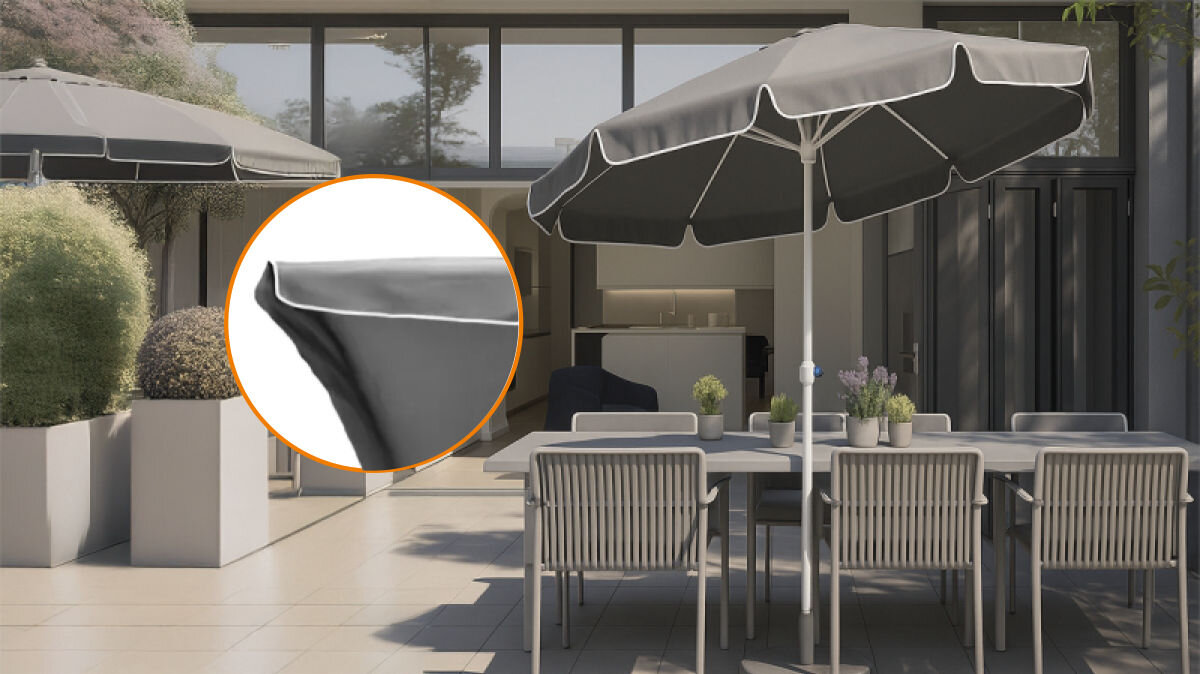 Parasol plażowo-ogrodowy BLACK FOREST L-0707 160 cm Szary, poszycie, UV, blaknięcie, poliester, w tle taras i dom, parasol wraz z kompletem krzeseł oraz zbliżenie na materiał parasola