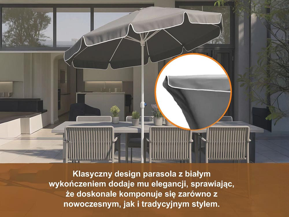 Parasol plażowo-ogrodowy BLACK FOREST L-0707 160 cm Szary, poszycie, UV, blaknięcie, poliester, w tle taras i dom, parasol wraz z kompletem krzeseł oraz zbliżenie na materiał parasola