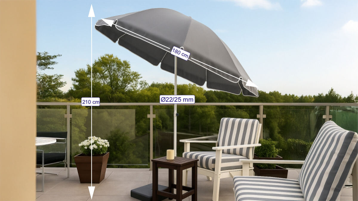 Parasol plażowo-ogrodowy BLACK FOREST L-0707 160 cm Szary, miejsce, obsługa, rozkładanie, praktyczność, parasol na balkonie, w tle wizualizacja wymiarów parasola