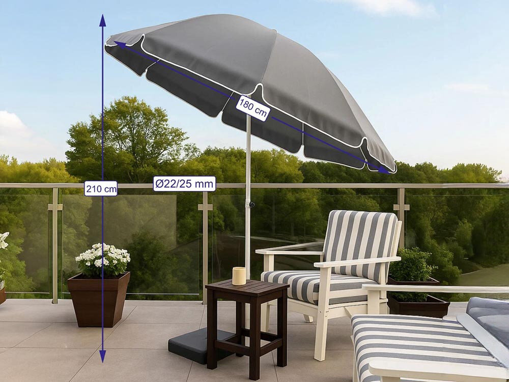 Parasol plażowo-ogrodowy BLACK FOREST L-0707 160 cm Szary, miejsce, obsługa, rozkładanie, praktyczność, parasol na balkonie, w tle wizualizacja wymiarów parasola
