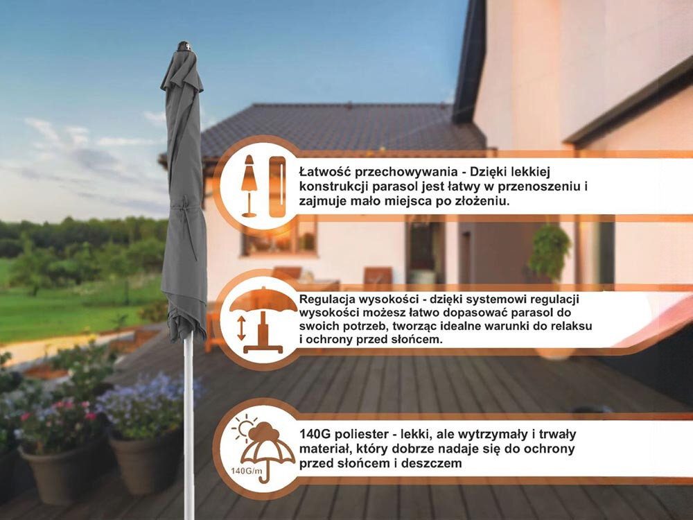 Parasol plażowo-ogrodowy BLACK FOREST L-0707 160 cm Szary, kontrukcja, lekka, transport, Przechowywanie, taras domu w tle wieczorowa pogoda, na pierwszym planie złożony parasol