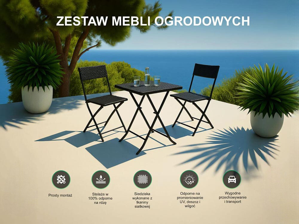 Zestaw mebli ogrodowych BLACK FOREST L-0201P Czarny, krzesła, stolik, taras, balkon, Zestaw mebli ogrodowych: stolik i 2 krzesła składane.