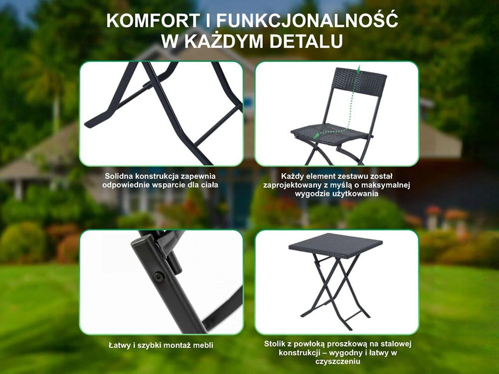 Zestaw mebli ogrodowych BLACK FOREST L-0201P Czarny, polirattan, UV, wodoodporny, czyszczenie, Funkcje mebli: solidna konstrukcja, łatwy montaż.