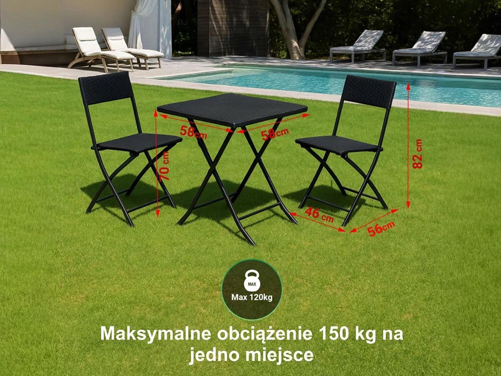 Zestaw mebli ogrodowych BLACK FOREST L-0201P Czarny, montaż, bez narzędzi, konserwacja, relaks, Schemat wymiarów zestawu mebli ogrodowych z obciążeniem.