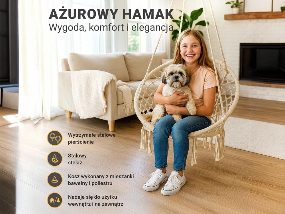 Fotel hamakowy podwieszany BLACK FOREST EX.25418 80 x 60 cm Ecru, bujanie, relaks, komfort, odpoczynek, dziewczynka trzyma psa na rękach siedząc w fotelu w pokoju