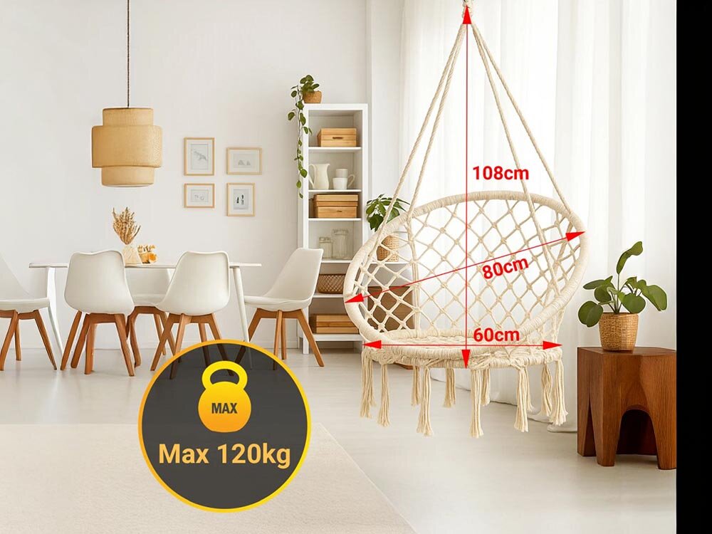 Fotel hamakowy podwieszany BLACK FOREST EX.25418 80 x 60 cm Ecru, wygoda, przestronna, konstrukcja, wsparcie, fotel zawieszony w pokoju gościnnym z wizualizacją wymiarów oraz logotypem udźwigu