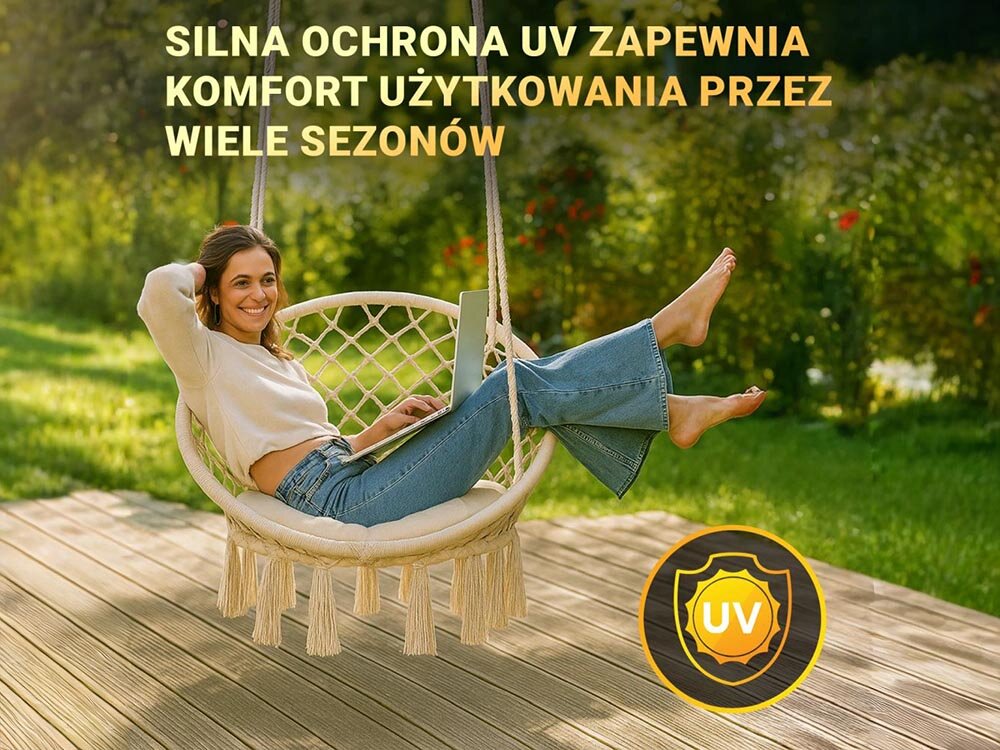 Fotel hamakowy podwieszany BLACK FOREST EX.25418 80 x 60 cm Ecru, solidność, odporność, użytkowanie, sznur, kobieta odpoczywa na fotelu na tarasie, poniżej logotyp ochrony UV
