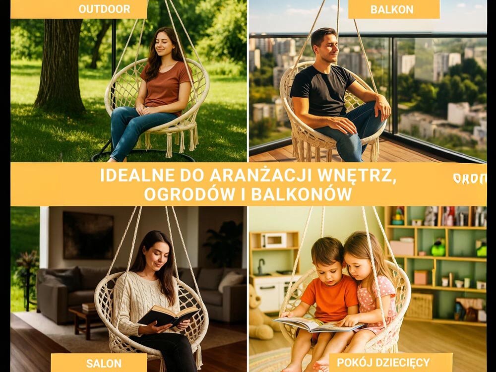 Fotel hamakowy podwieszany BLACK FOREST EX.25418 80 x 60 cm Ecru, relaks, miejsce, konstrukcja, lekkie, 4 zdjęcia w 1 przedstawiające fotel w różnego rodzaju środowisku
