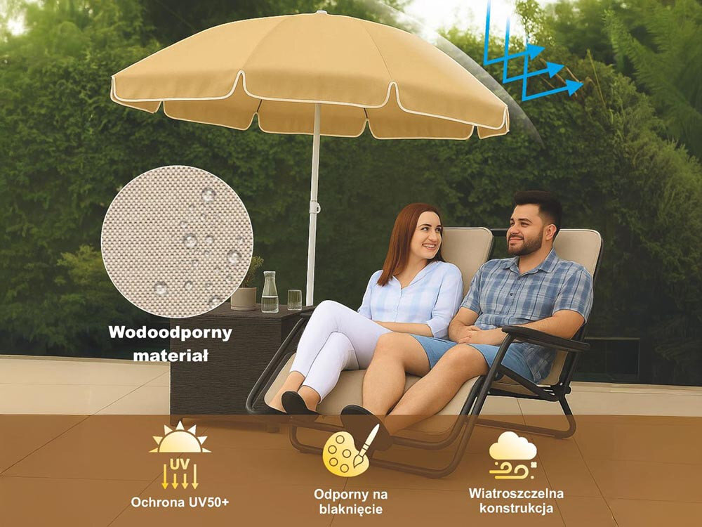 Parasol plażowo-ogrodowy BLACK FOREST L-0707 160 cm Beżowy, cień, schronienie, słońce, komfort, para siedzi w ogrodzie, obok parasolka i logotypy zalet parasola