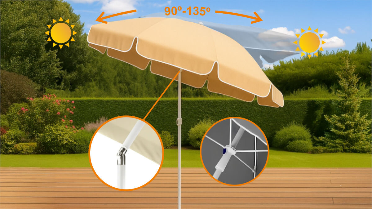 Parasol plażowo-ogrodowy BLACK FOREST L-0707 160 cm Beżowy, kąt, nachylenie, kontrolowanie, cień, w tle ogród, wizualizacja ustawienia kąta nachylenia parasola