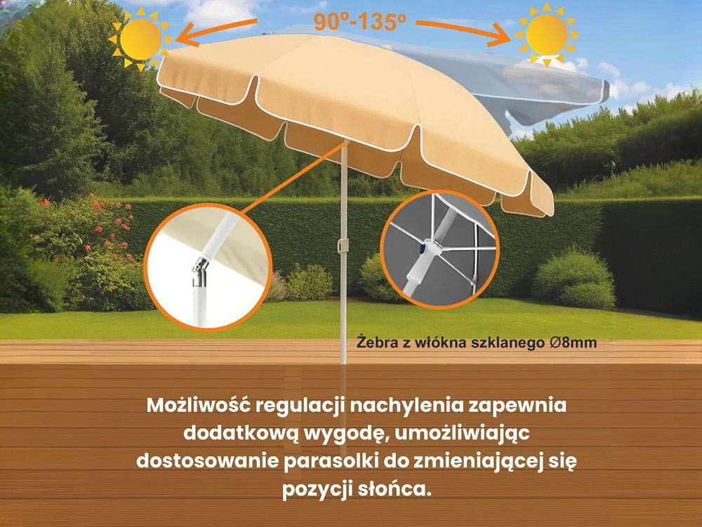 Parasol plażowo-ogrodowy BLACK FOREST L-0707 160 cm Beżowy, kąt, nachylenie, kontrolowanie, cień, w tle ogród, wizualizacja ustawienia kąta nachylenia parasola