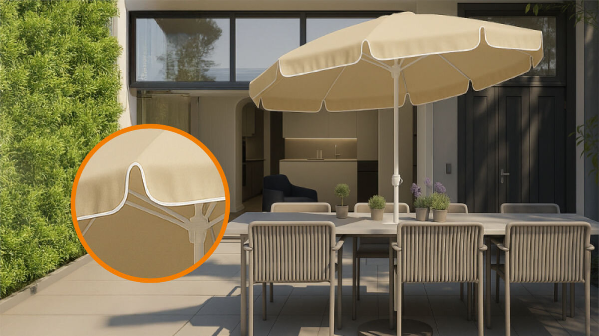 Parasol plażowo-ogrodowy BLACK FOREST L-0707 160 cm Beżowy, poszycie, UV, blaknięcie, poliester, w tle taras i dom, parasol wraz z kompletem krzeseł oraz zbliżenie na materiał parasola