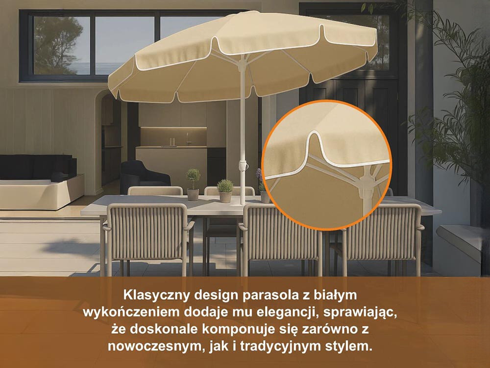 Parasol plażowo-ogrodowy BLACK FOREST L-0707 160 cm Beżowy, poszycie, UV, blaknięcie, poliester, w tle taras i dom, parasol wraz z kompletem krzeseł oraz zbliżenie na materiał parasola