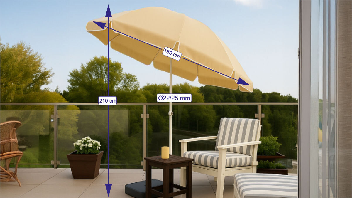Parasol plażowo-ogrodowy BLACK FOREST L-0707 160 cm Beżowy, miejsce, obsługa, rozkładanie, praktyczność, parasol na balkonie, w tle wizualizacja wymiarów parasola