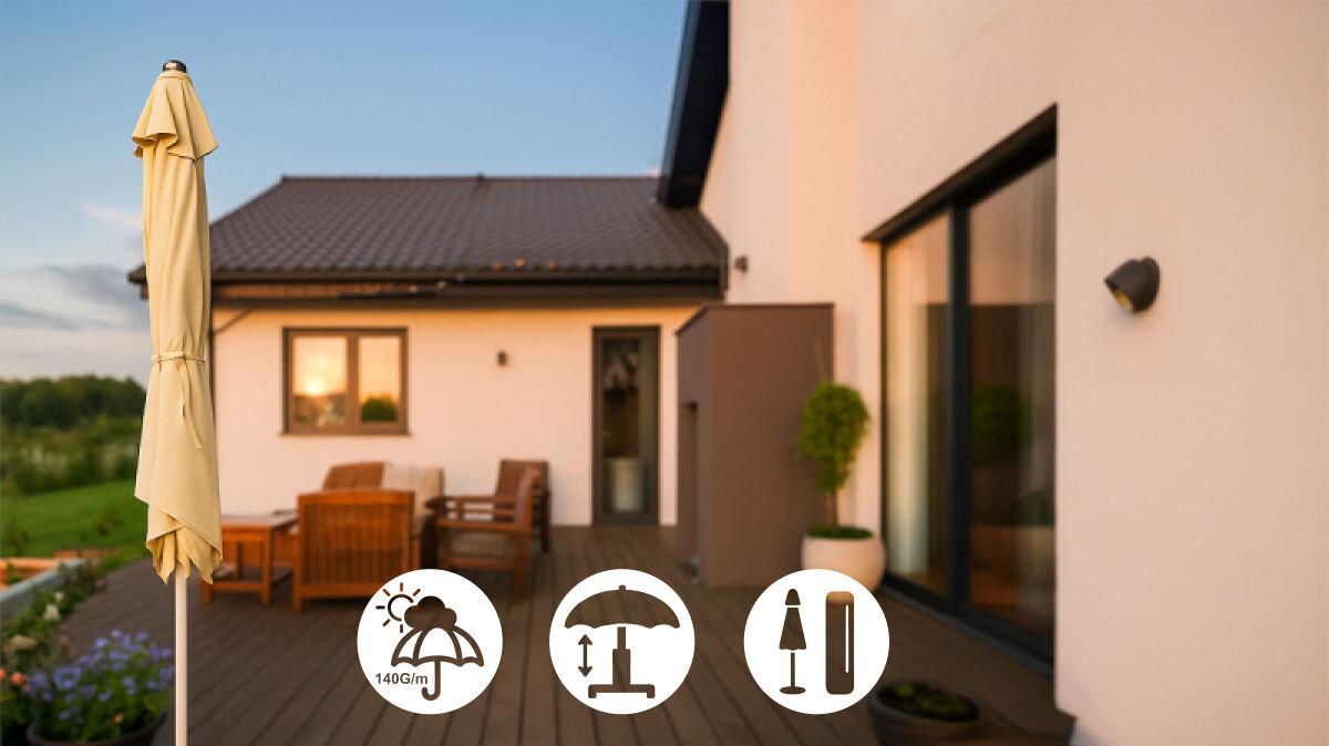 Parasol plażowo-ogrodowy BLACK FOREST L-0707 160 cm Beżowy, kontrukcja, lekka, transport, Przechowywanie, taras domu w tle wieczorowa pogoda, na pierwszym planie złożony parasol