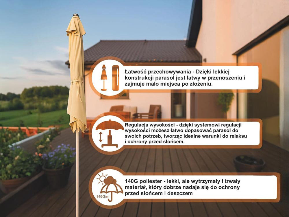 Parasol plażowo-ogrodowy BLACK FOREST L-0707 160 cm Beżowy, kontrukcja, lekka, transport, Przechowywanie, taras domu w tle wieczorowa pogoda, na pierwszym planie złożony parasol