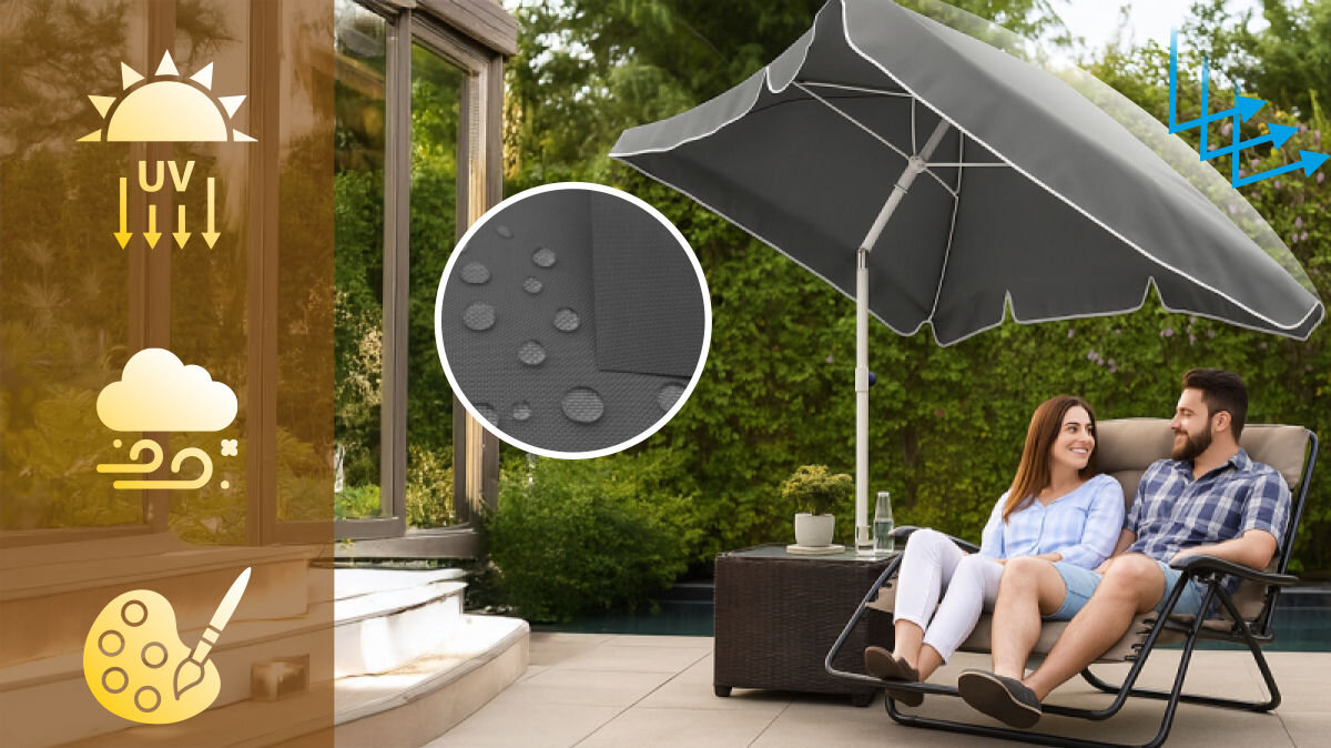 Parasol ogrodowy BLACK FOREST L-0725S 200 cm Szary, cień, schronienie, słońce, komfort, para siedzi w ogrodzie, obok parasolka i logotypy zalet parasola