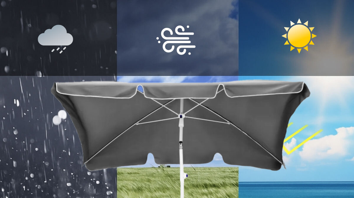 Parasol ogrodowy BLACK FOREST L-0725S 200 cm Szary, wykończenie, elegancja, komponowanie, nasłonecznienie, parasol pokazany w 3 rodzajach warunków pogodowych