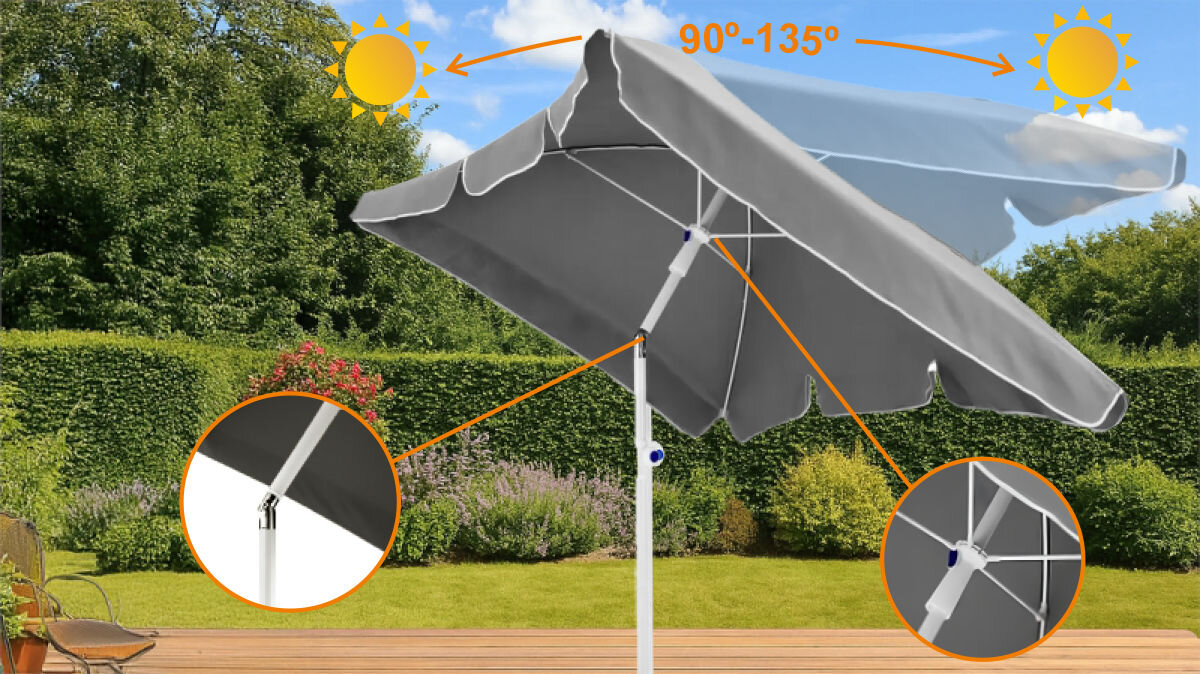Parasol ogrodowy BLACK FOREST L-0725S 200 cm Szary, kąt, nachylenie, kontrolowanie, cień, w tle ogród, wizualizacja ustawienia kąta nachylenia parasola