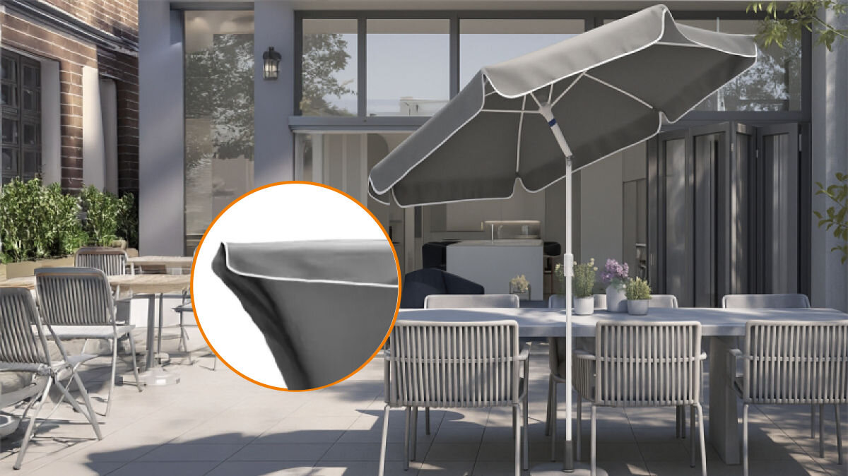 Parasol ogrodowy BLACK FOREST L-0725S 200 cm Szary, poszycie, UV, blaknięcie, poliester, w tle taras i dom, parasol wraz z kompletem krzeseł oraz zbliżenie na materiał parasola