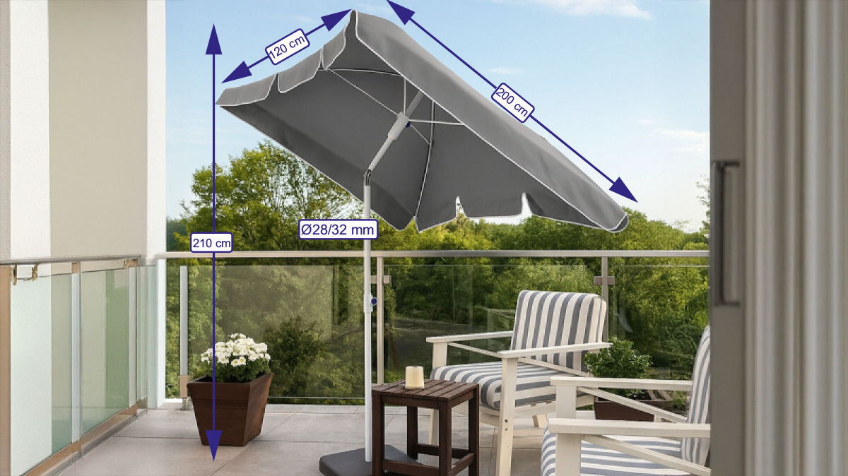 Parasol ogrodowy BLACK FOREST L-0725S 200 cm Szary, miejsce, obsługa, rozkładanie, praktyczność, parasol na balkonie, w tle wizualizacja wymiarów parasola