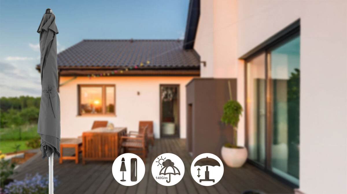 Parasol ogrodowy BLACK FOREST L-0725S 200 cm Szary, kontrukcja, lekka, transport, Przechowywanie, taras domu w tle wieczorowa pogoda, na pierwszym planie złożony parasol