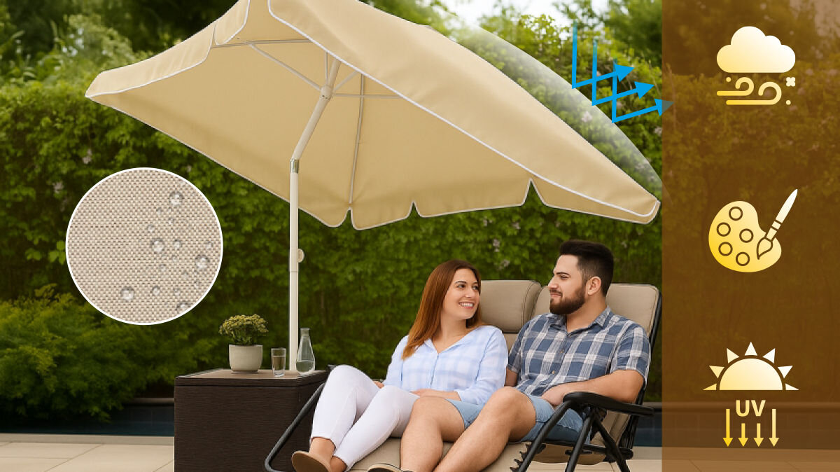 Parasol ogrodowy BLACK FOREST L-0725B 200 cm Beżowy, cień, schronienie, słońce, komfort, para siedzi w ogrodzie, obok parasolka i logotypy zalet parasola