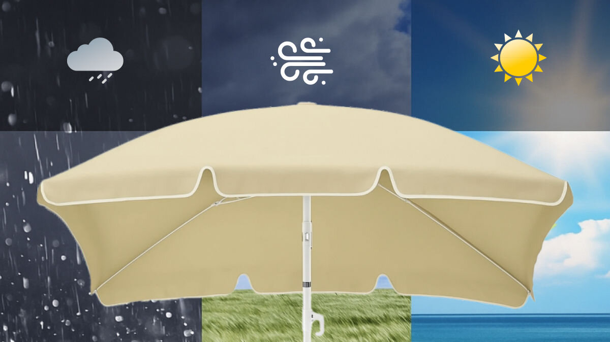 Parasol ogrodowy BLACK FOREST L-0725B 200 cm Beżowy, wykończenie, elegancja, komponowanie, nasłonecznienie, parasol pokazany w 3 rodzajach warunków pogodowych