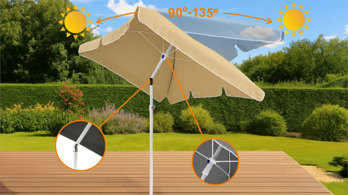 Parasol ogrodowy BLACK FOREST L-0725B 200 cm Beżowy, kąt, nachylenie, kontrolowanie, cień, w tle ogród, wizualizacja ustawienia kąta nachylenia parasola