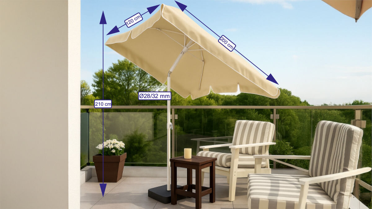 Parasol ogrodowy BLACK FOREST L-0725B 200 cm Beżowy, miejsce, obsługa, rozkładanie, praktyczność, parasol na balkonie, w tle wizualizacja wymiarów parasola