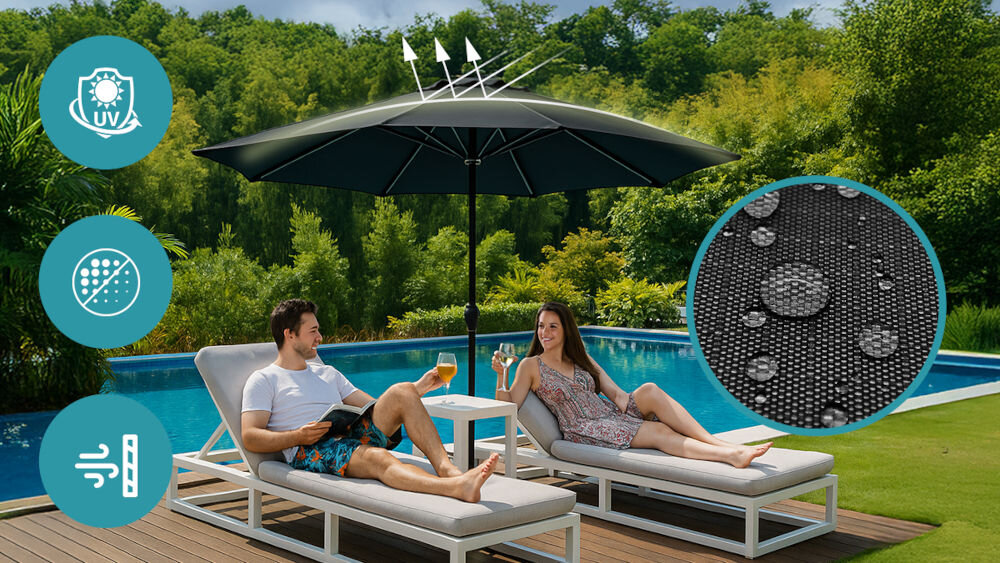 Parasol ogrodowy BLACK FOREST L-0720-3M 300 cm Grafitowy, cień, słońce, schronienie, słońce, para na leżakach przy basenie chowa się pod parasolem