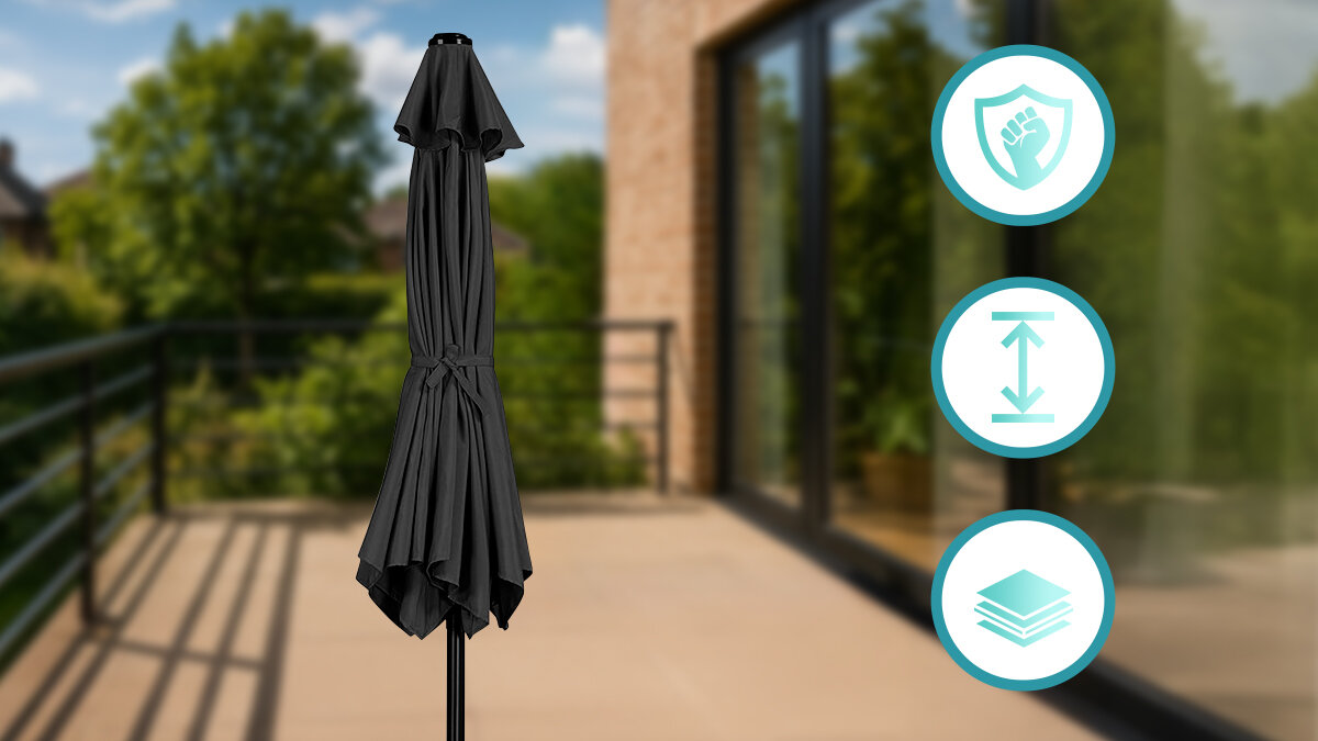 Parasol ogrodowy BLACK FOREST L-0720-3M 300 cm Grafitowy, odporny, promienie, słoneczne, UV, balkon tarasu, złożony parasol obok logotypy zalet parasola