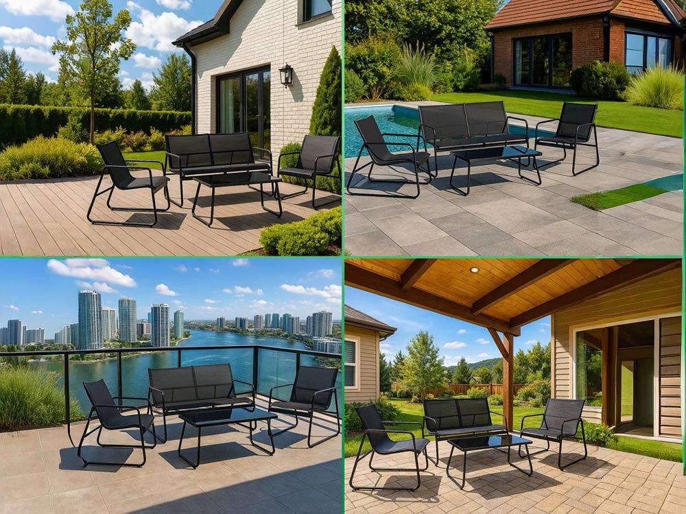 Zestaw mebli ogrodowych BLACK FOREST L-0358 Czarny, relaks, aranżacje, design, charakter, 4 zdjęcia w 1 przedstawiające zestaw w różnego rodzaju środowisku