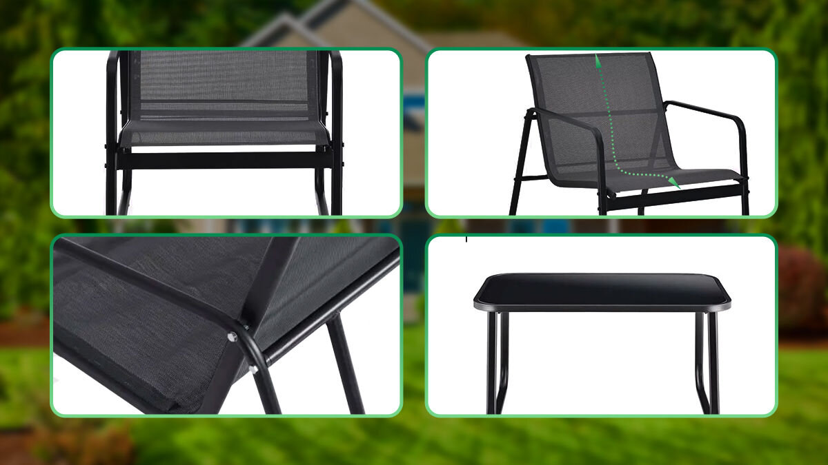 Zestaw mebli ogrodowych BLACK FOREST L-0358 Czarny, odporność, trwałość, proszkowo, stal, 4 zdjęcia w 1 przedstawiające elementy zestawu w zbliżeniu