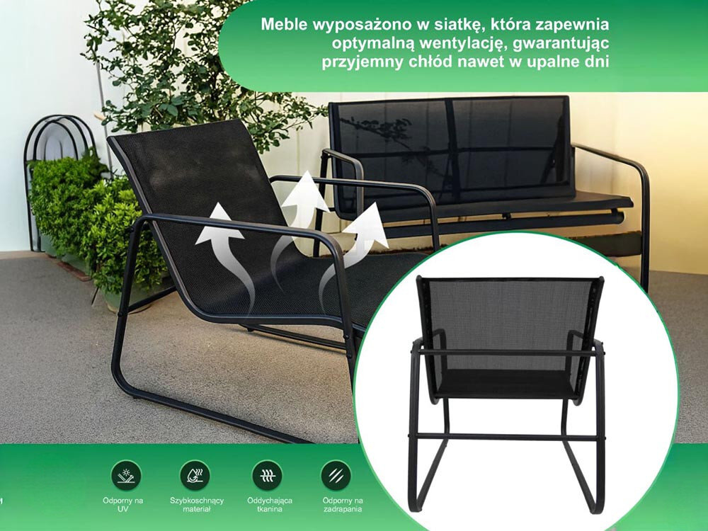 Zestaw mebli ogrodowych BLACK FOREST L-0358 Czarny, montaż, elementy, meble, odporny, krzesło z wizualizacją odparowania wraz z logotypami zalet zestawu oraz zbliżenie na siedzisko krzesła