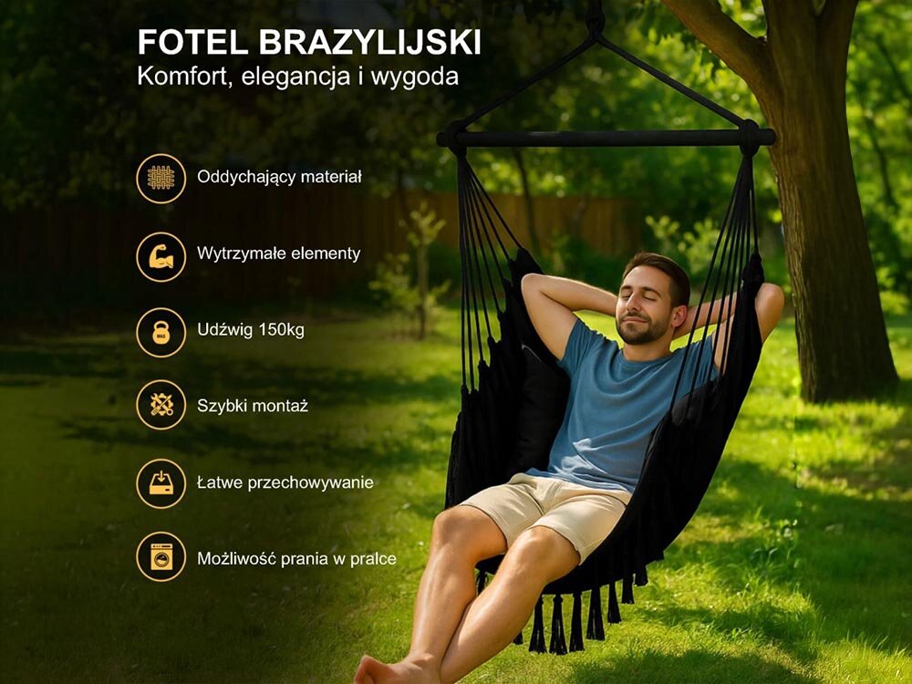Fotel hamakowy podwieszany BLACK FOREST EX.25296 100 x 130 cm Czarny, wygoda, bujanie, odpoczynek, komfort, w tle ogród, na pierwszym planie mężczyzna na fotelu, obok logotypy zalet fotela
