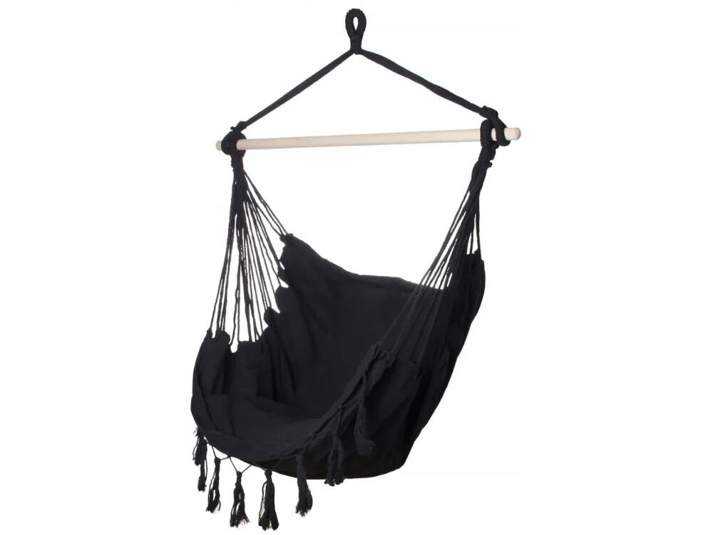 Fotel hamakowy podwieszany BLACK FOREST EX.25296 100 x 130 cm Czarny, kombinacja, wygoda, minimalistyczna, aranżacje, w tle pokój gościnny, na pierwszym planie fotel z wizualizacją wymiarów oraz logotypem udźwigu