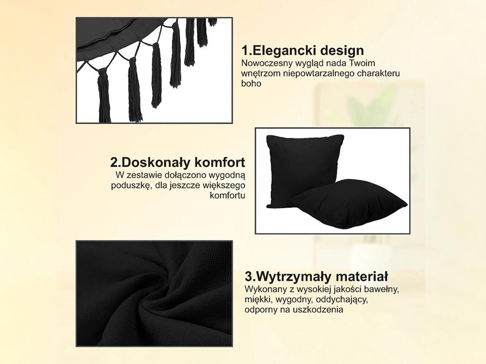 Fotel hamakowy podwieszany BLACK FOREST EX.25296 100 x 130 cm Czarny, kombinacja, wygoda, minimalistyczna, aranżacje, w tle pokój gościnny, na pierwszym planie fotel z wizualizacją wymiarów oraz logotypem udźwigu