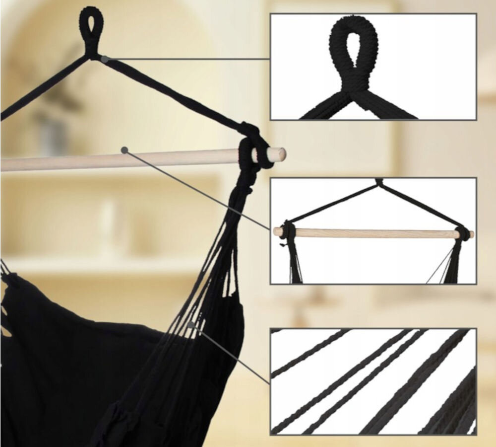 Fotel hamakowy podwieszany BLACK FOREST EX.25296 100 x 130 cm Czarny, stelaż, sznury, stabilność, lekkość, na zdjęciu część fotela oraz zbliżenie na 3 części fotela wraz z zdjęciami