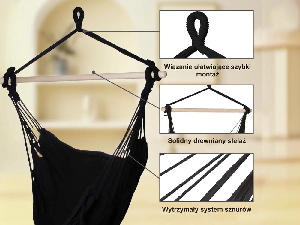 Fotel hamakowy podwieszany BLACK FOREST EX.25296 100 x 130 cm Czarny, stelaż, sznury, stabilność, lekkość, na zdjęciu część fotela oraz zbliżenie na 3 części fotela wraz z zdjęciami