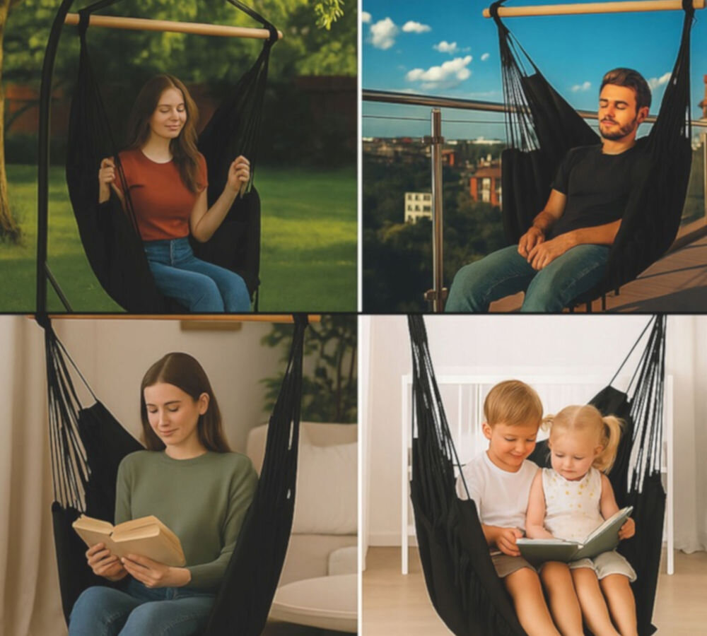 Fotel hamakowy podwieszany BLACK FOREST EX.25296 100 x 130 cm Czarny, akcent, pasuje, wnętrza, stelaż, 4 zdjęcia w 1 przedstawiające wszestronność fotela w różnego typu środowisk