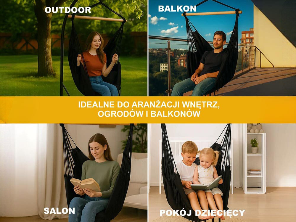 Fotel hamakowy podwieszany BLACK FOREST EX.25296 100 x 130 cm Czarny, akcent, pasuje, wnętrza, stelaż, 4 zdjęcia w 1 przedstawiające wszestronność fotela w różnego typu środowisk