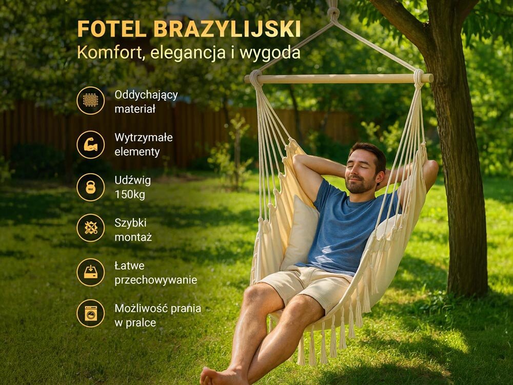 Fotel hamakowy podwieszany BLACK FOREST EX.25302 100 x 130 cm Beżowy, wygoda, bujanie, odpoczynek, komfort, w tle ogród, na pierwszym planie mężczyzna na fotelu, obok logotypy zalet fotela